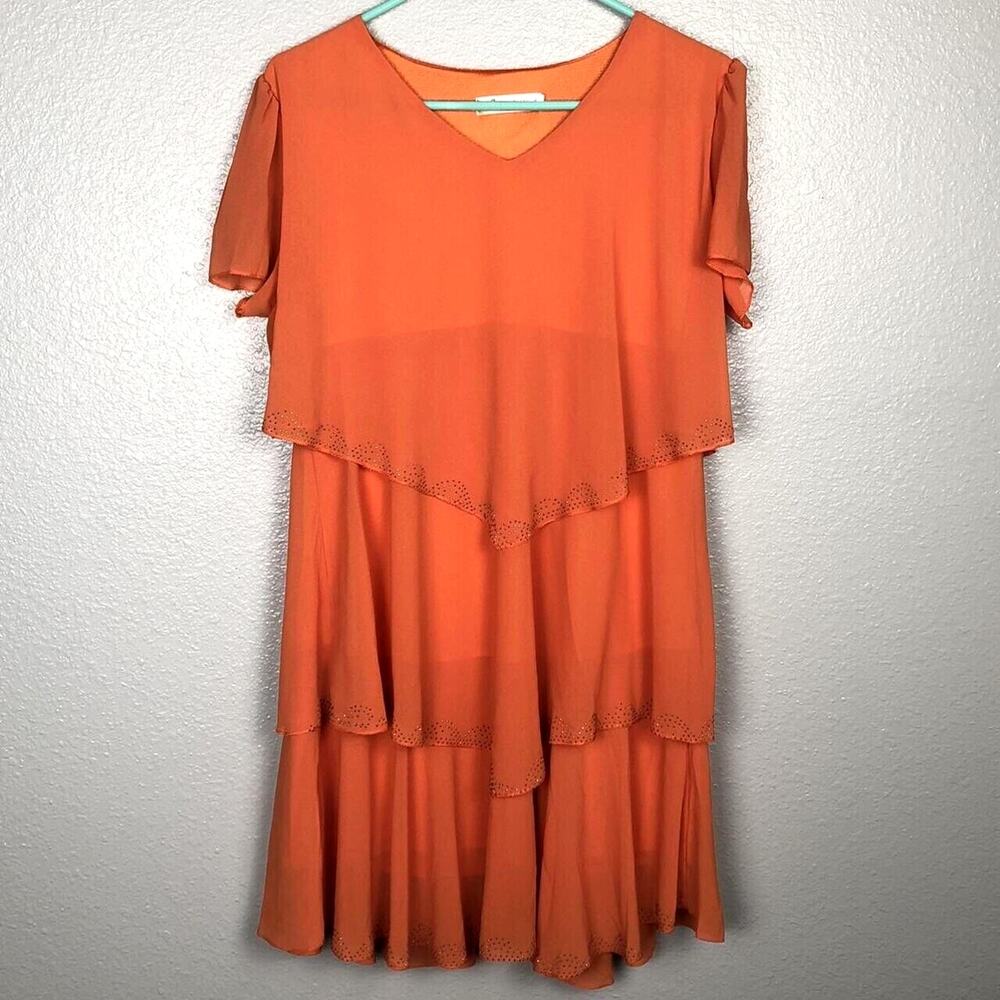 SHSHDHZX Size Large Orange Tiered Embellished Silver Accent Flutter Sleeve Dress